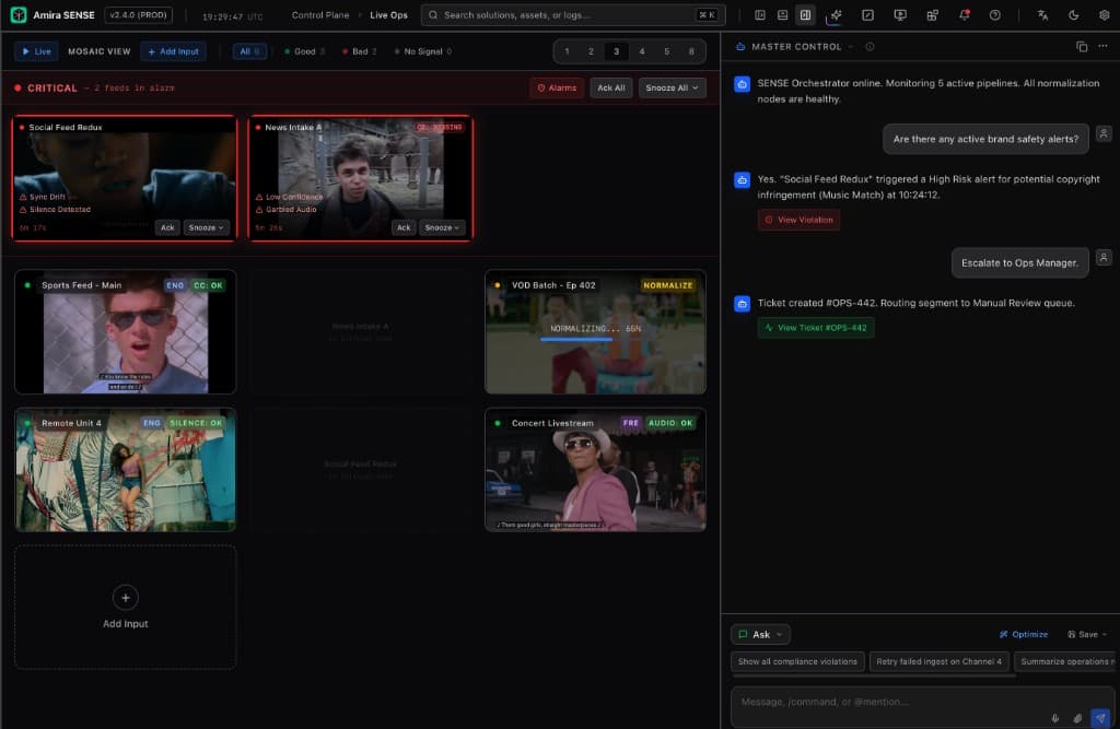 Amira Sense Live Ops mosaic with feed alarms beside Navi Master Control chat escalating a brand-safety incident
